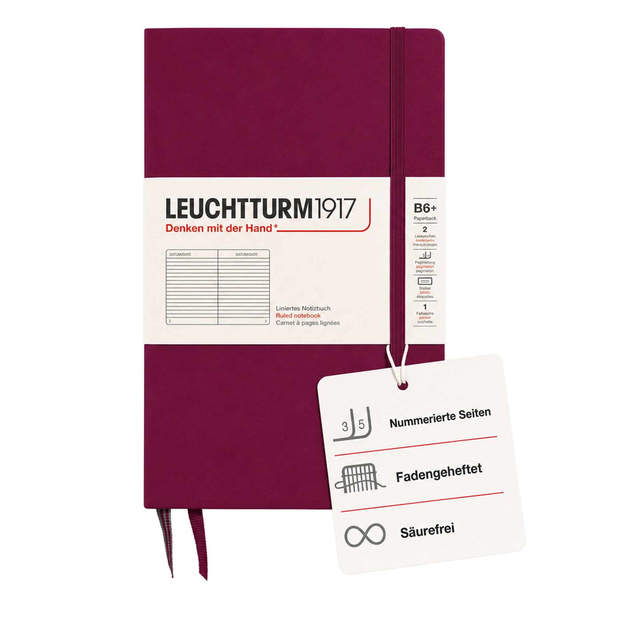 LEUCHTTURM1917 368495 Notebook Paperback (B6+), Hardcover, 219 Numbered Pages, Port Red, Ruled