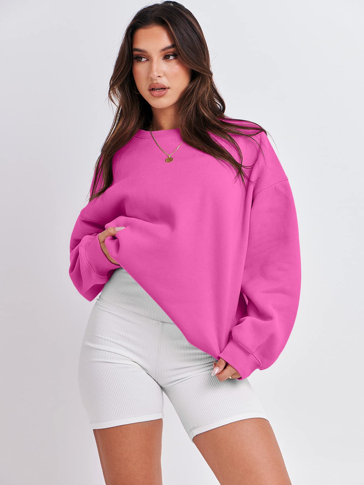 Damskie bluzy oversize bluzy z kapturem polar okrągły dekolt sweter top codzienne jesienne stroje preppy ubrania nastolatki 2024 A1019 światło, Jeden kolor, Pink_XL