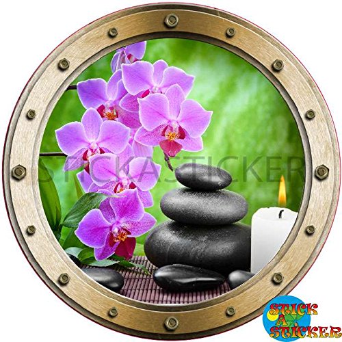 Sticker Hublot Trompe l'Oeil Galet Bougie Orchidée 30x30cm réf W015