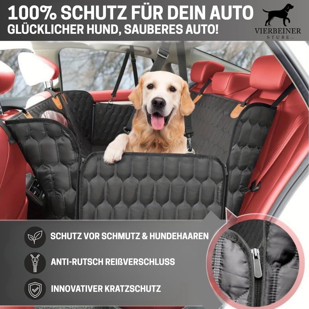 VierbeinerStube® Autoschondecke Hund Rückbank, Hundedecke mit Seitenschutz | Wasserdicht, Robust, Rutschfest, Waschbar, Schutzdecke Rücksitz – Universalgröße für Auto, SUV & Kombi