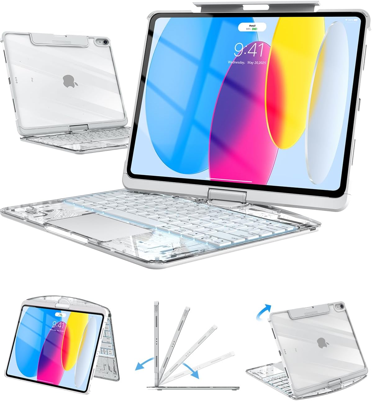 Transparent Keyboard Case with Trackpad for iPad 11th Gen A16 (2025) & 10th Gen 10.9" (2022), 7-Color Backlit Wireless Bluetooth Keyboard with 360 Rotating Stand & Pencil Holder, White white iPad (A16) 11th & iPad 10th