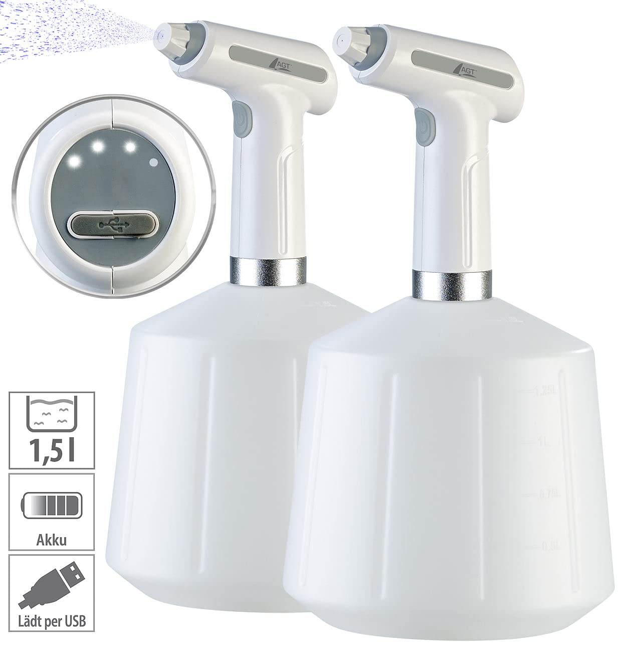 AGT Akku Sprühflasche: 2er-Set Akku-Pump-Drucksprüher mit Einstell-Düse, je 1,5 Liter (Sprayflasche, automatischer Wassersprüher, Kühl)
