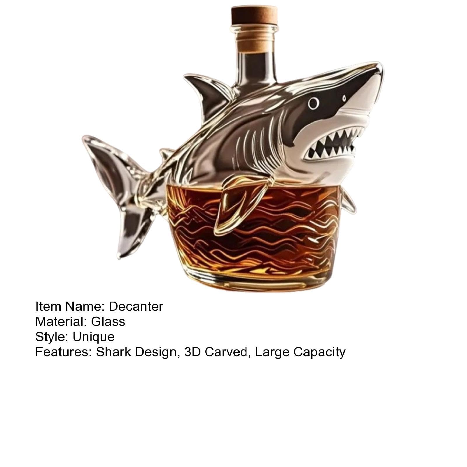 300ML Decantador Whisky Arte Escultura - Con Copa De Vino De 2/4 De Tiburón, Esculturas Decorativas De Botellas De Vino Con Diseño De Tiburón Tallado En 3D, Decantador De Whisky(Shark+2 cups)