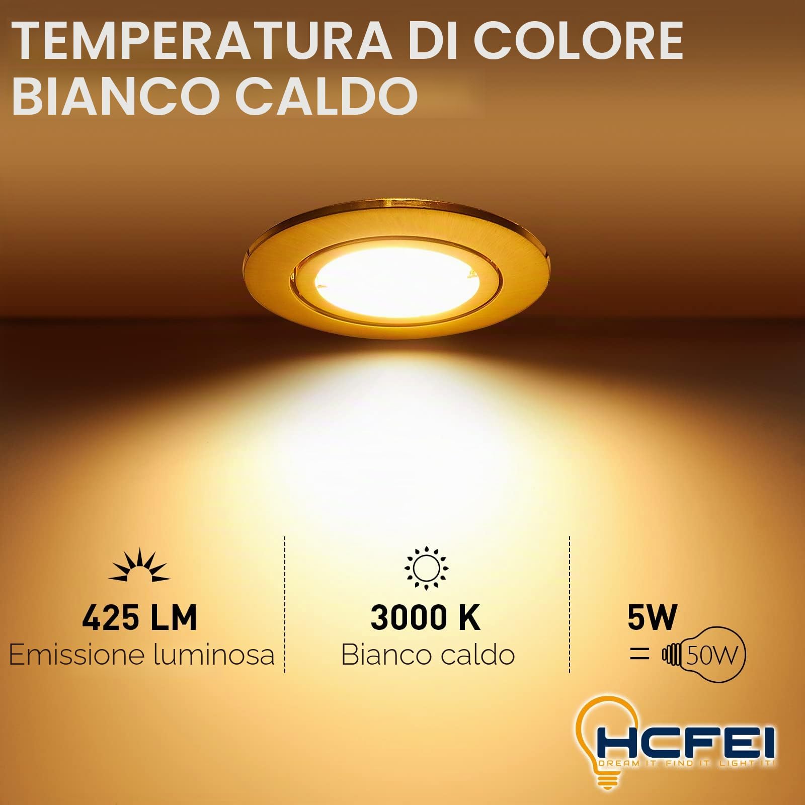 HCFEI Set di 3 faretti a LED da incasso completo orientabile dorato con lampadina GU10 modulo 220 V 5 W, dimmerabili, bianco caldo, attacco 68 mm