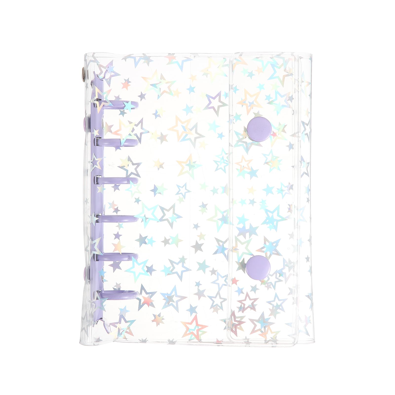PATIKIL A7 Binder Cover, 6 Ring Glitter Stars Pattern Soft PVC Loose Leaf File Folder Notebook Shell Refillable Sheet Protector with 2 Snaps Button for Budget Planner, Purple Clip