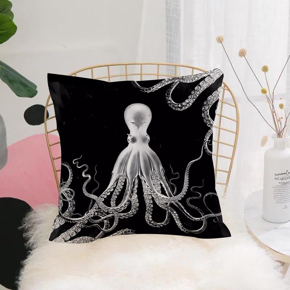 HYOSXW Cushion Cover,Throw Pillow Case Home Decorative for Living Room Bedroom Sofa Chair 16X16 Inch,Octopus, ink painted octopus, dark deep sea with silvery tentacles,Pillowcase 40X40cm