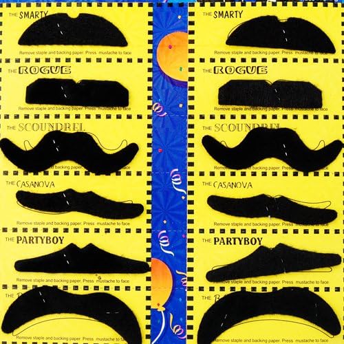 CK Pack of 12 Self Adhesive Assorted BLACK Moustaches. Tashes Multipack