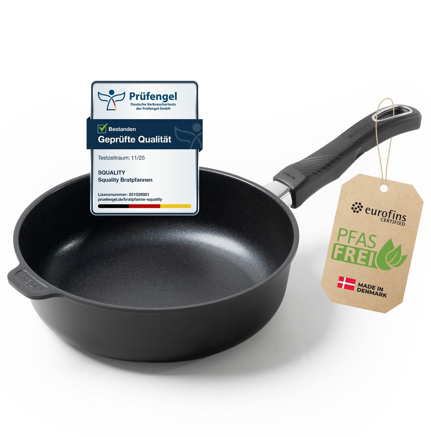 Premium Sauteuse Pfanne 24 cm – PFAS-freie Antihaft Pfanne aus Dänemark | Ofenfest bis 260 °C, induktionsgeeignet, ergonomisch geformt, für gesundes Kochen ohne Schadstoffe | Non Stick Pan