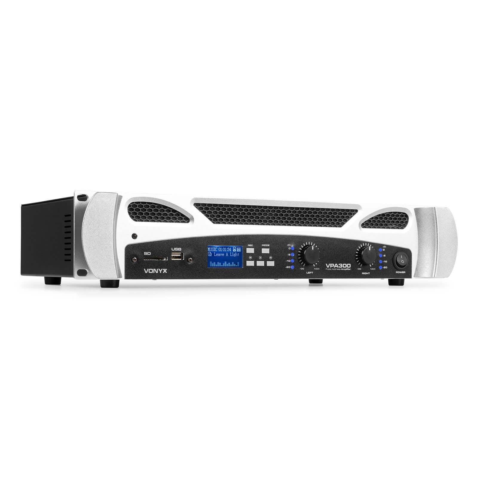 Vonyx VPA300 Amplificador PA 300W (2 Canales de 150W) Amplificador estéreo con Bluetooth y Reproductor mp3 Multimedia con USB y SD