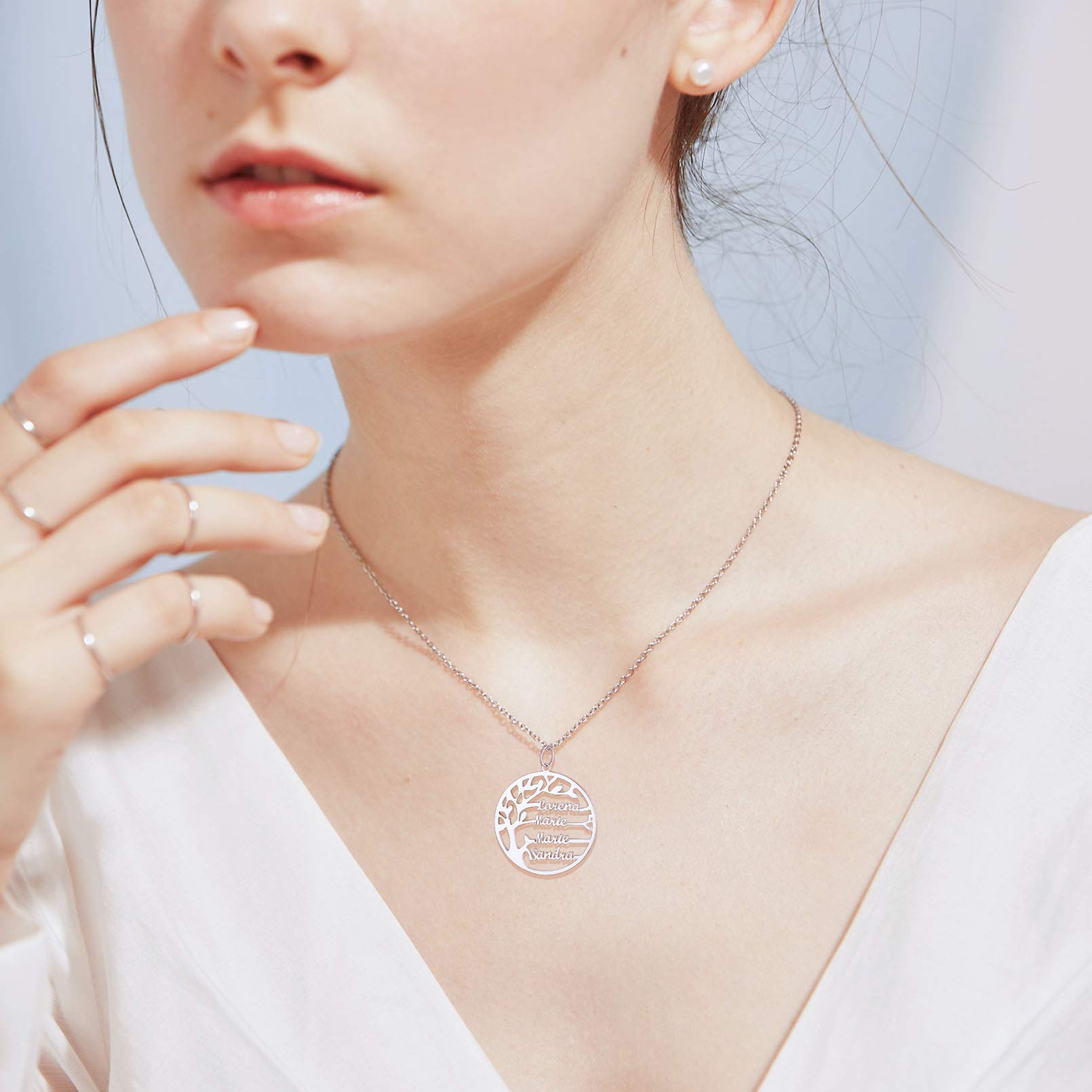 Custom4U Collar Mujer Arbol de Vida con Nombres Personalizados Colgante Redondo/Corazón Acero Inoxidable 316L / Plata de Ley 925 con 1/2/3/4/5/6 /7/8 Nombres Regalo Madre Pareja Familia