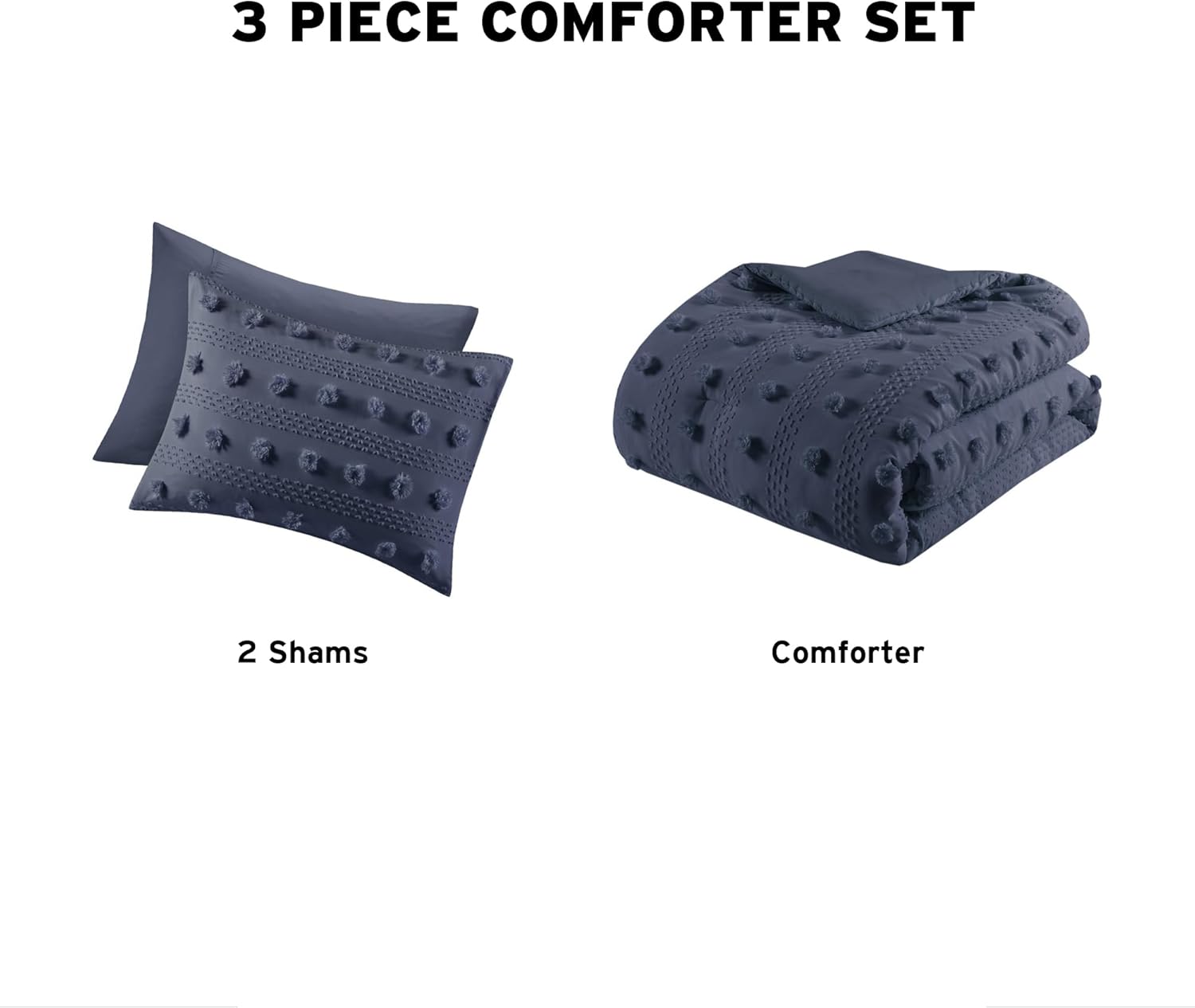 Intelligent Design Queen Comforter Set, Clipped Jacquard Comforter Set Chic Pompoms Accent, All Seasons Lightweight & Fluffy Comforter Bed Set with 2 Shams, Lucy, Full/Queen Navy 3 Piece