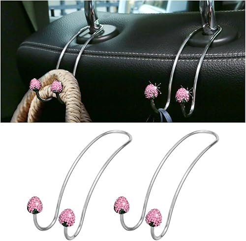 BESULEN Ganchos decorativos de fresa para automóvil, paquete de 2 organizadores de respaldo de asiento con diamantes brillantes, ganchos de