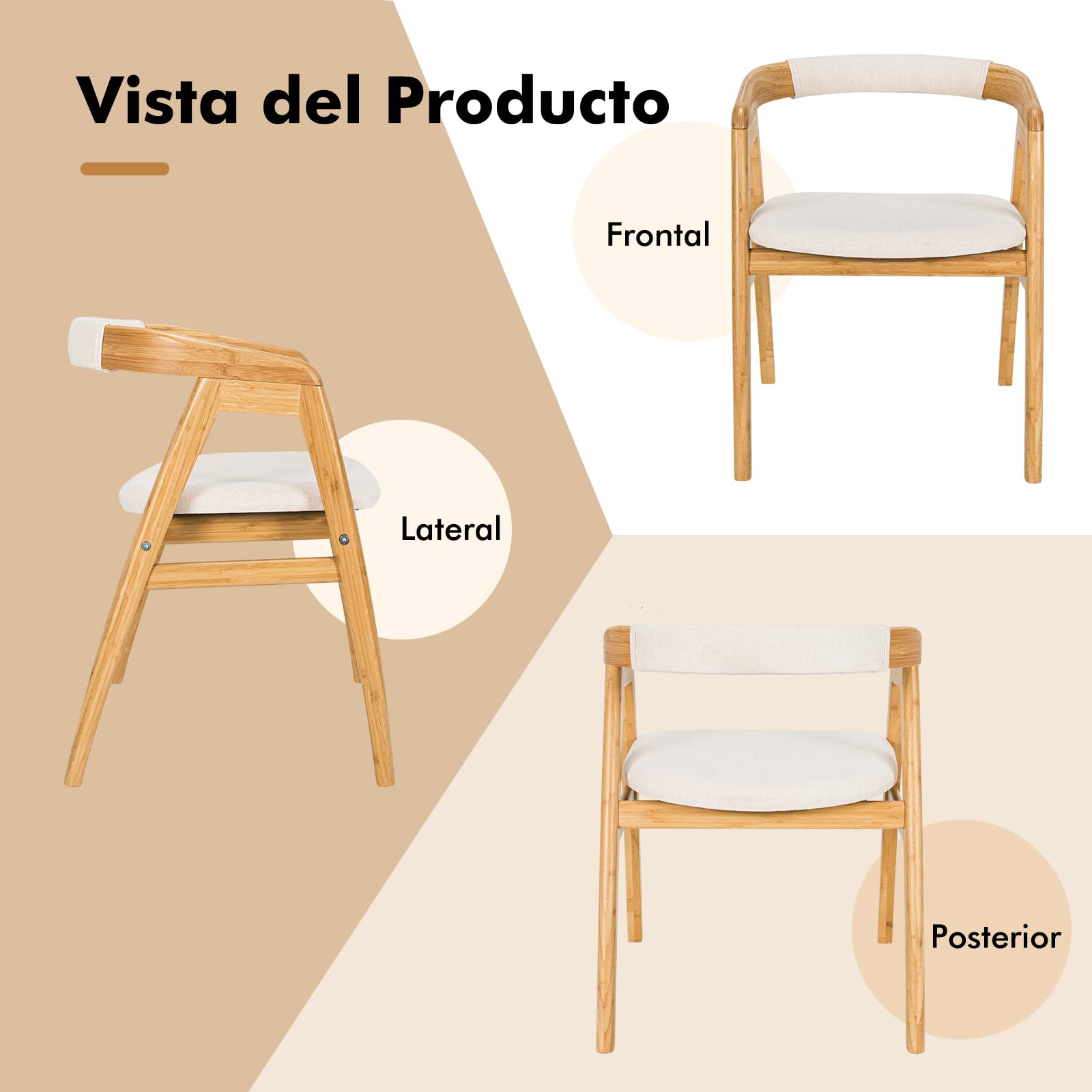 COSTWAY Silla Comedor de Bambú, Silla Tocador con Respaldo Curvo y Cojín, Sillas Salon Cocina Dormitorio, Natual, 57 x 54 x 73 cm
