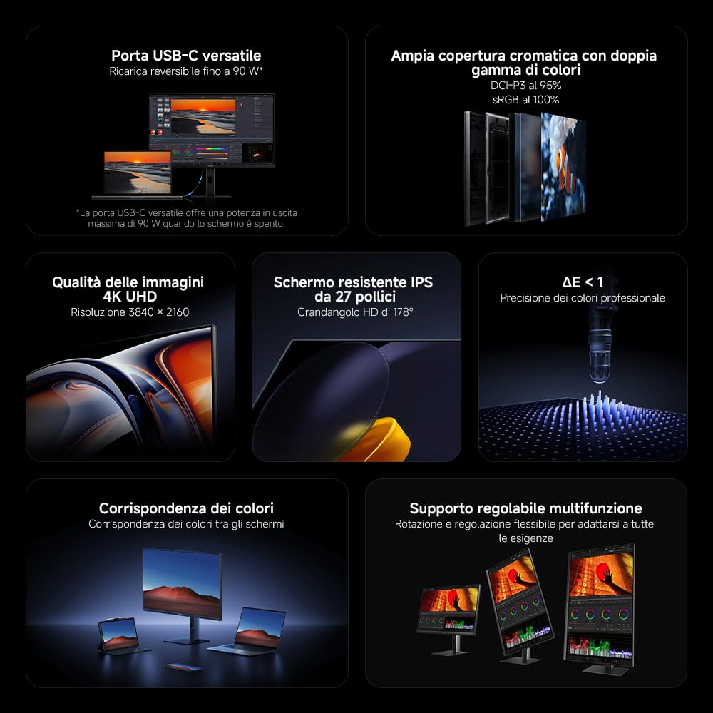 XIAOMI A27Ui Monitor UHD 4K da 27 Pollici, IPS, HDR10, 100% sRGB, 95% DCI-P3, Ricarica Inversa 90W, Certificazione TÜV Low Blue Light (3840 x 2160/HDMI 2.0/DP 1.4/Type-C 90W Output)
