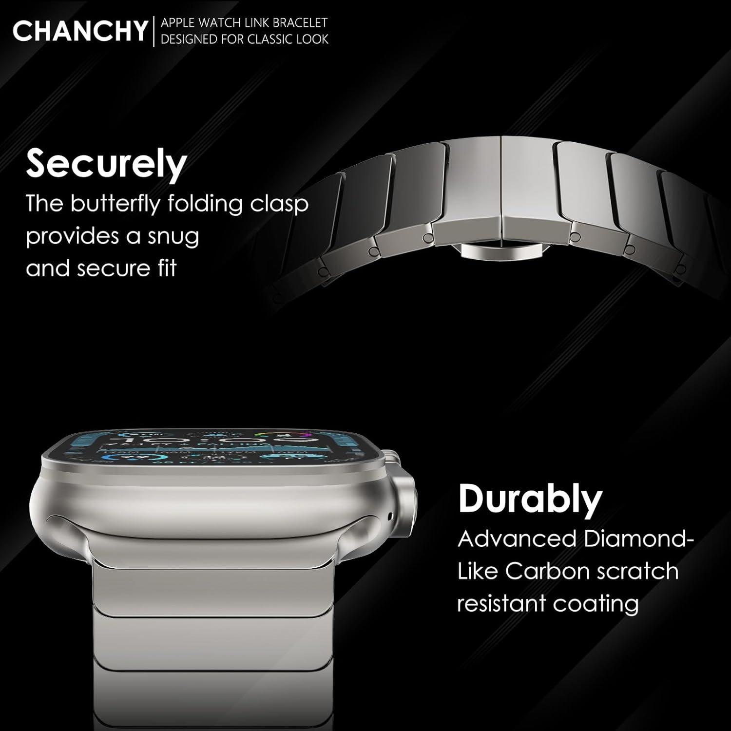 CHANCHY Stainless Steel Band for Apple Watch Band Apple Watch Ultra 3/2/1 Band 49mm, Series 11/10 46mm, 9/8/7 45mm, SE3/SE2/SE 6/5/4 44mm, 3/2/1 42mm, Metal Strap with Folding Clasp for Men, Titanium - Image 4