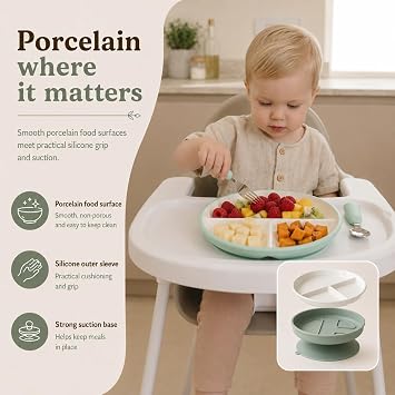 Bubba Bear Baby Porcelain Weaning Plates with Silicone Suction Sleeves | Divided Plate for Babies & Toddlers | Microwave & Dishwasher Safe | Stay Put Tableware | Snack Dishes | 2 Pack