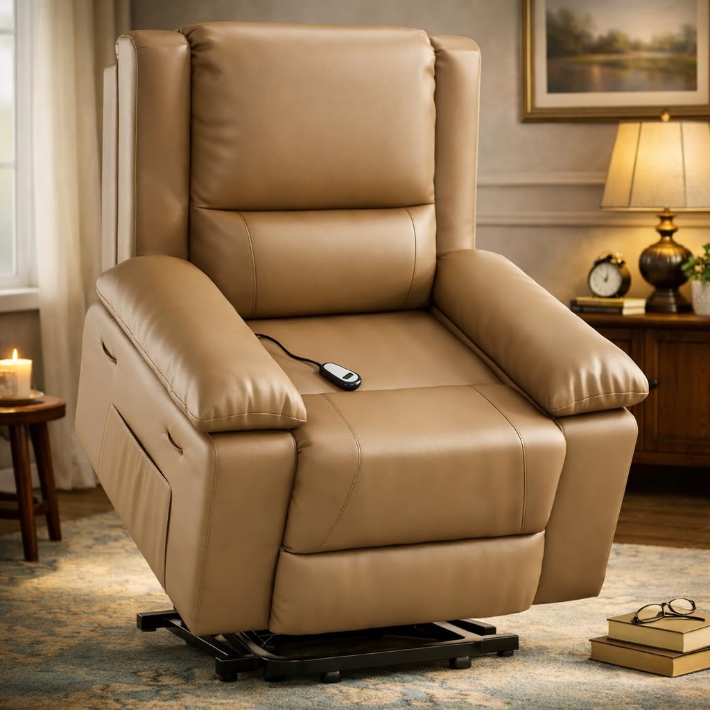 Power Lift Recliner, Electric Lift Chair for Elderly with Remote Control, Massage &amp; Heat Recliner Chair with 8-Point Vibration and Lumbar Heating, PU Leather Power Recliner with Side Pocket, Yellow