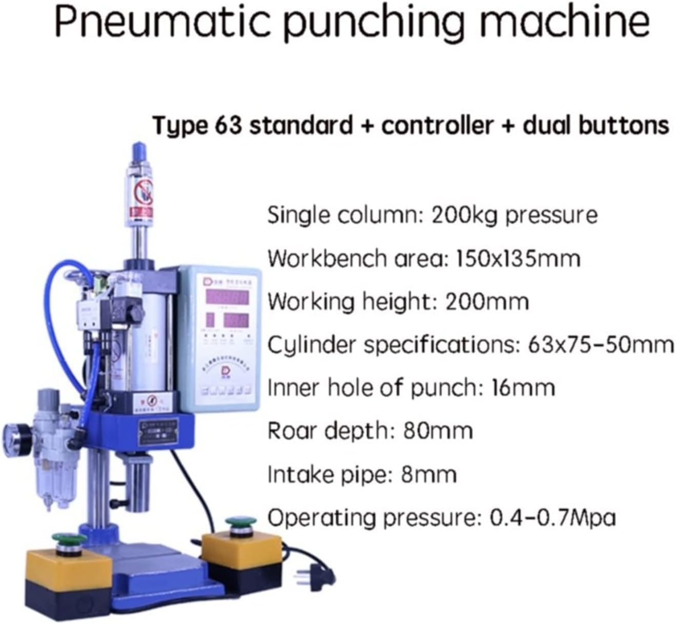 Punzonadora Neumática 200kg, Prensa de Columna con Control Dual de Mano y Pie, Máquina de Troquelado y Remachado para Metal, Plástico, Cuero – 220V, 63mm de Cilindro (Botones Dobles)