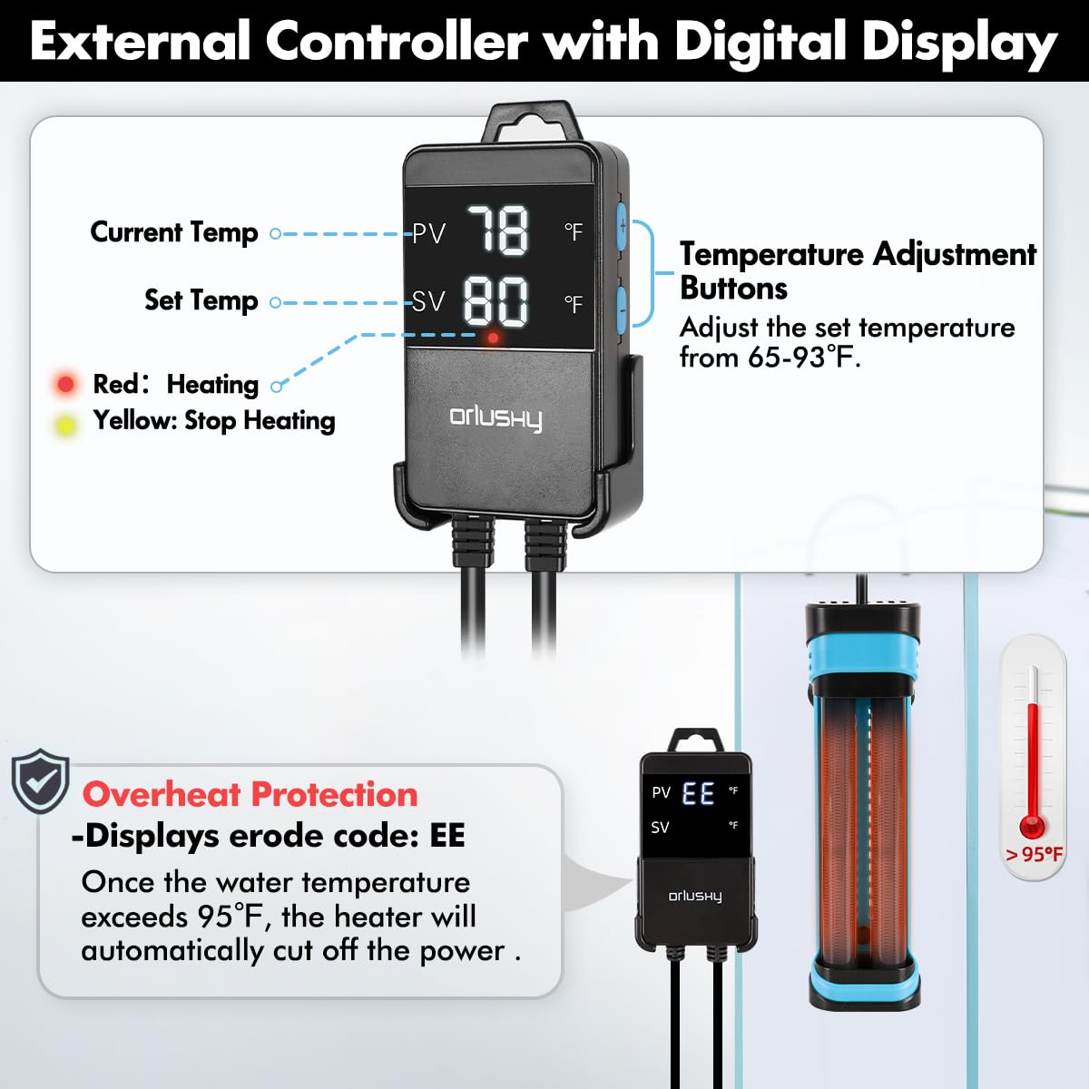 Orlushy Calentador sumergible de acuario de 800 W, calentador de pecera ajustable con controlador externo de pantalla digital, protección contra sobrecalentamiento y termómetro gratuito para tanque de