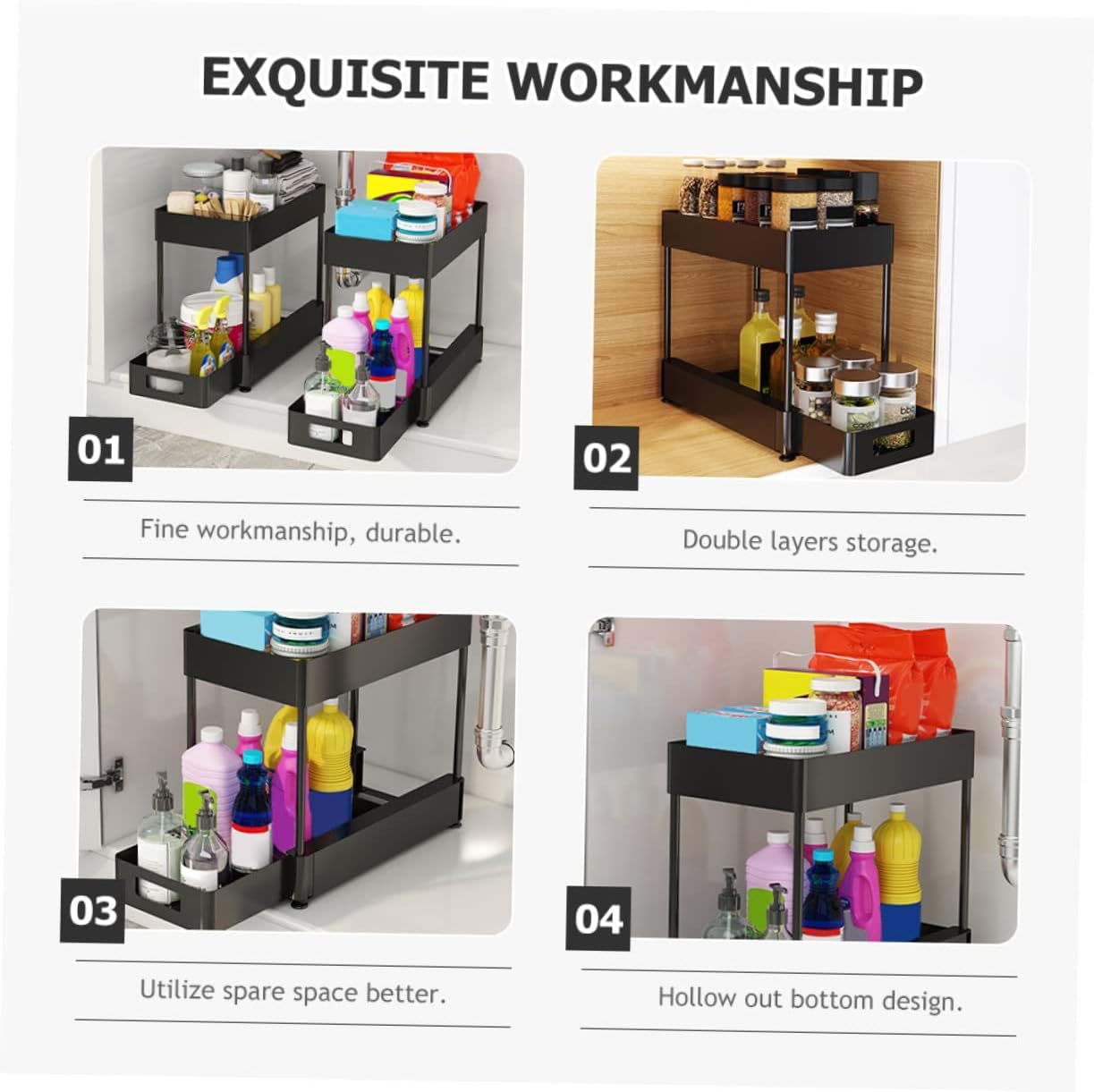 PRETYZOOM Double Layer Pull-Out Storage Rack for Under Sink Bathroom Kitchen Compact Storage Organizer Shelves