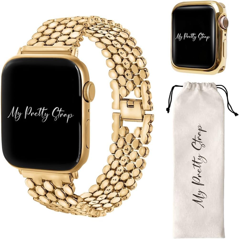 My Pretty Strap Gold Apple Watch Band & Glossy XOXO Protective Case Bundle – Elegant Stainless Steel Strap & Luxury Metal Cover for Apple Watch Series 1-11, SE & Ultra (46MM) Honeycomb