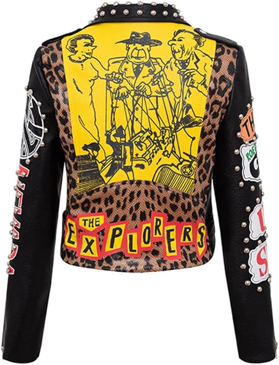 Women Studded Punk Rock Jacket Biker Biker Leopard Short