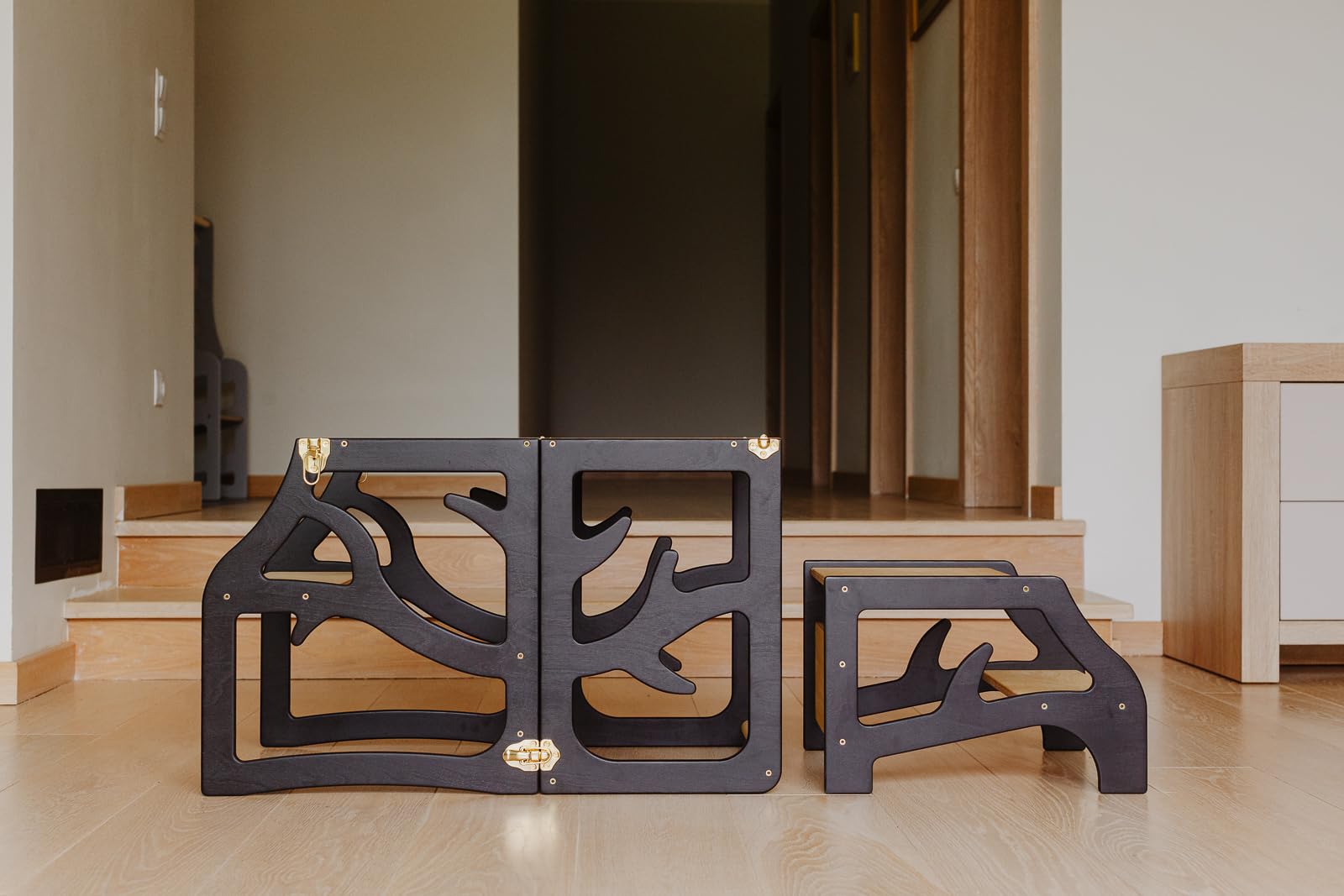 Weco Torre de aprendizaje para niños 3 en 1 con taburete blanco Montessori Muebles de cocina plegable (Negro)