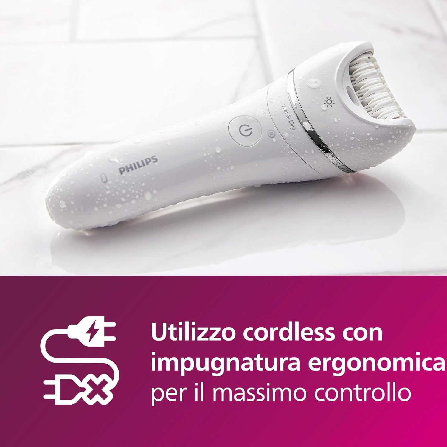 Philips Epilator Series 8000, dispositivo di epilazione Wet & Dry cordless per gambe e corpo con 6 accessori, rifinitore ed esfoliante corpo, modello BRE715/00
