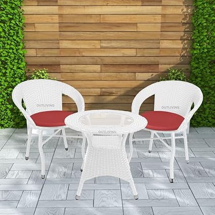 OUTLIVING Rattan Wicker Garden Patio Seating Chair and Table Set for Outdoor Balcony Garden Coffee Table Set Furniture with 1 Table and 2 Chairs with Red Cushion (White)