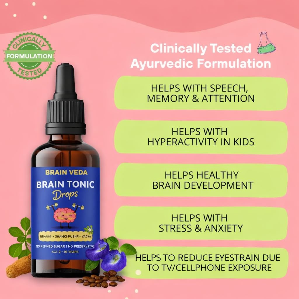 Brain Veda Drops for Kids | 2-16 Years | 30ml | Supports Brain Development, Speech, Memory, Focus & Cognitive Function | 7 Time-Tested Natural Herbs Formulation | No Added Sugar & Preservatives pack of 2 — Amazon image 2