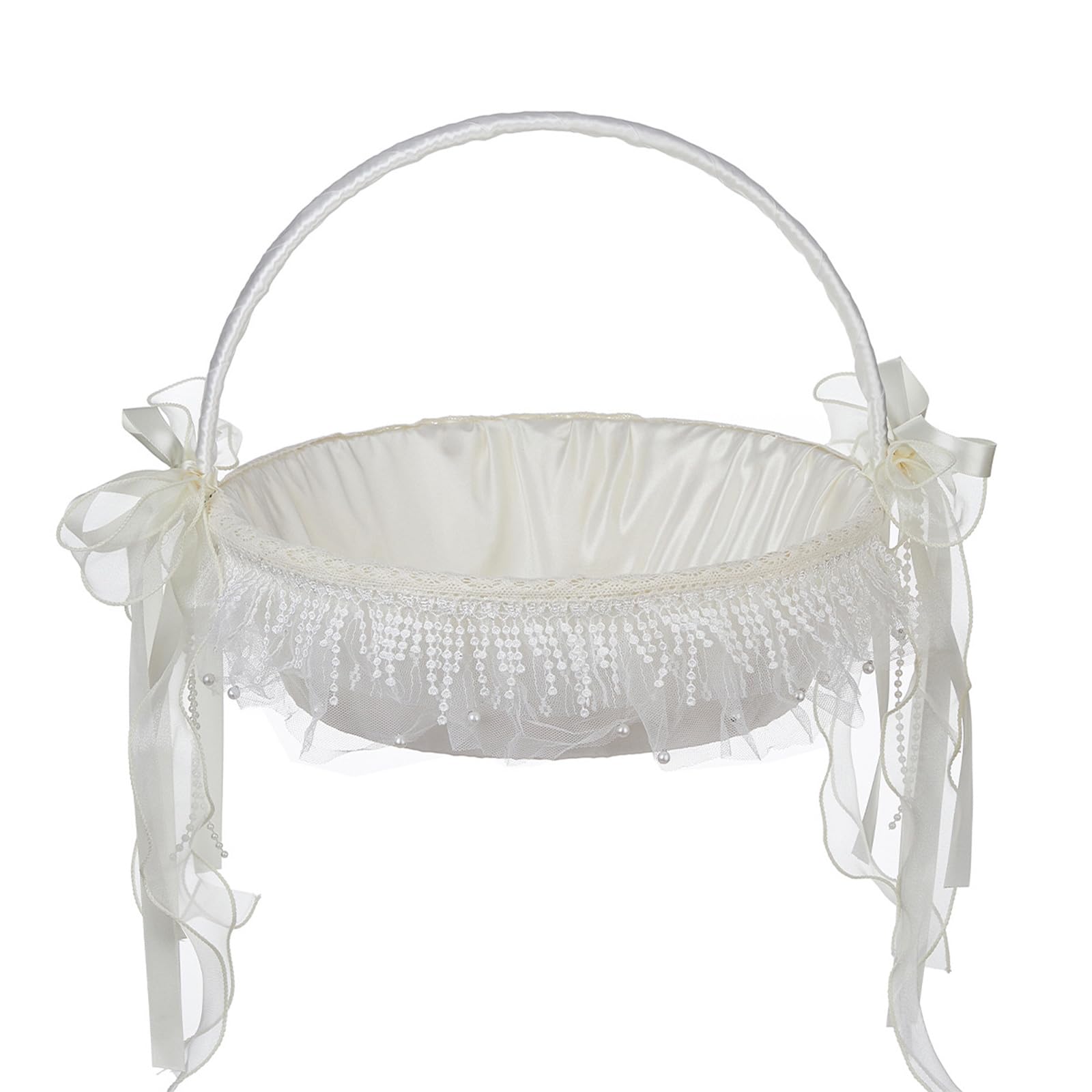 Ruffle Flower Girls Basket with Lace and White Ribbon for Various Wedding Themes for Wedding Day Ceremony