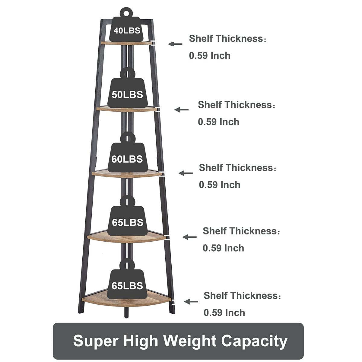 FATORRI 5 Tier Corner Shelf, Rustic Wood Corner Bookshelf, Industrial