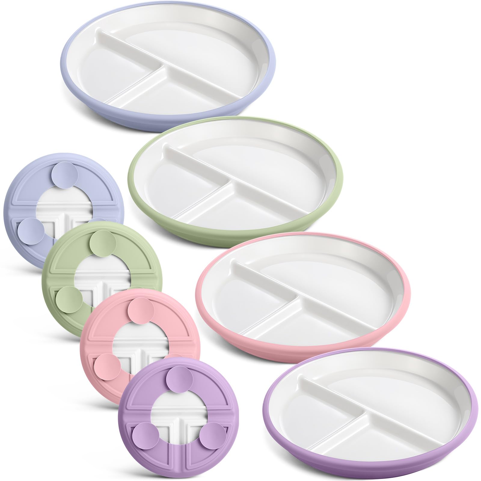 Domensi 4 Set 8 Inch Large Porcelain Kids Plates with Suction Divided Ceramic Toddler Plate with Anti-slip Silicone Sleeve Detachable Design Microwave
