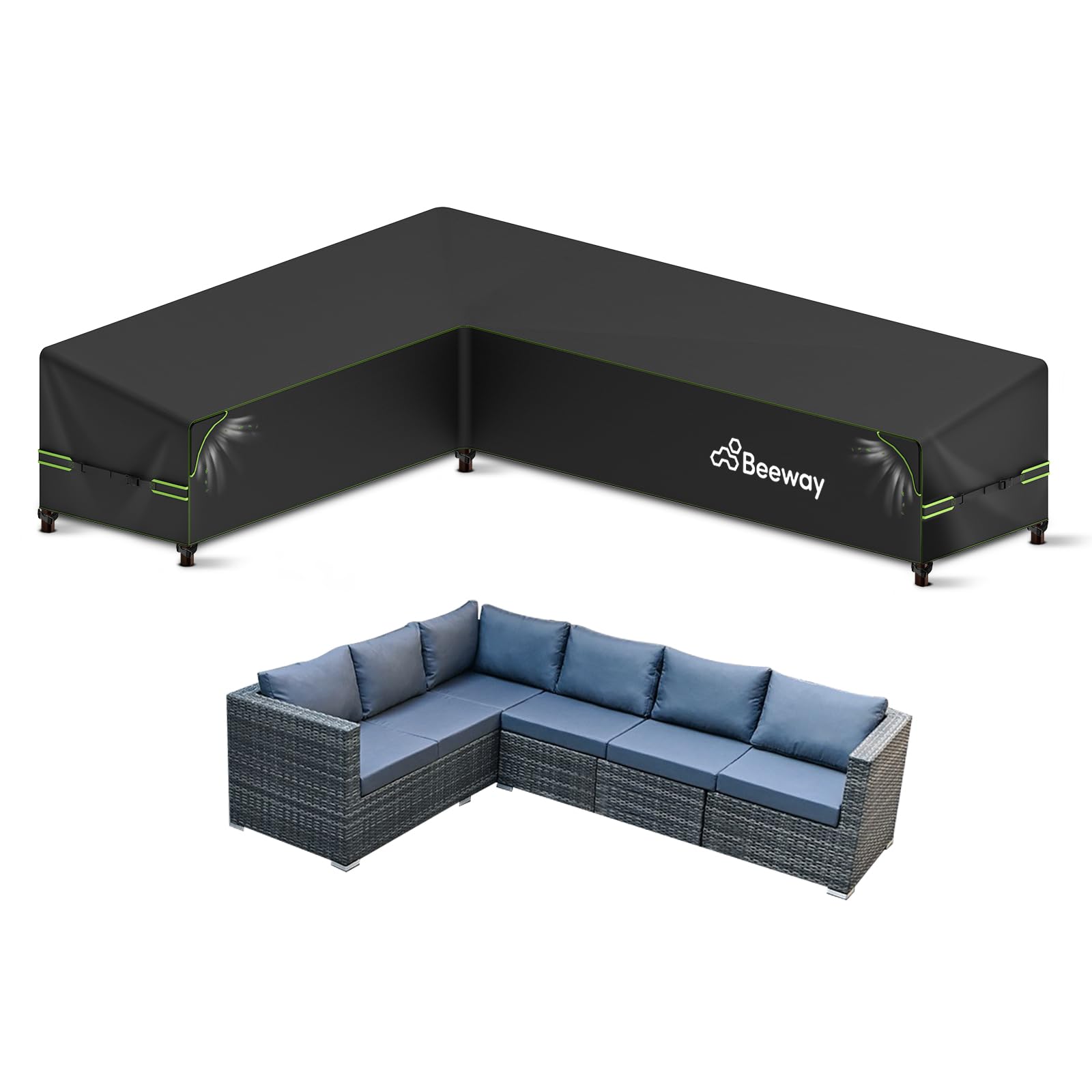 Beeway Black Garden Furniture Cover L Shape With Air Vent, Waterproof Outdoor Patio Rattan Sectional Corner Sofa Cover V Shaped - 420D Oxford Fabric, Windproof - 215/265X87x80/66Cm