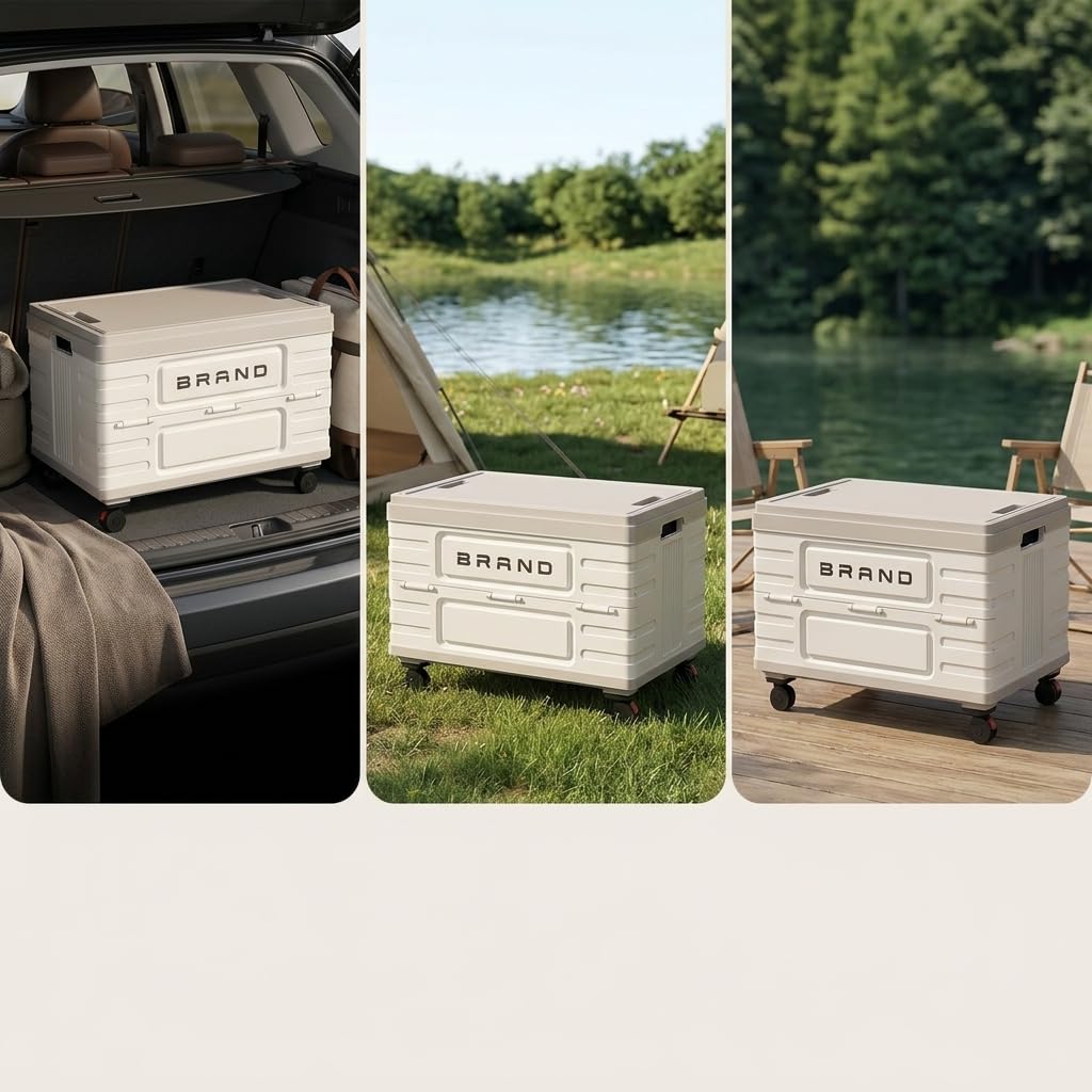 Camping Aufbewahrungsbox Faltbar mit und Rollen, Kofferraum Organizer für Outdoor, für Picknick, Cremeweiß [52L] Camping-Schiebebox – auslaufsicherer Deckel