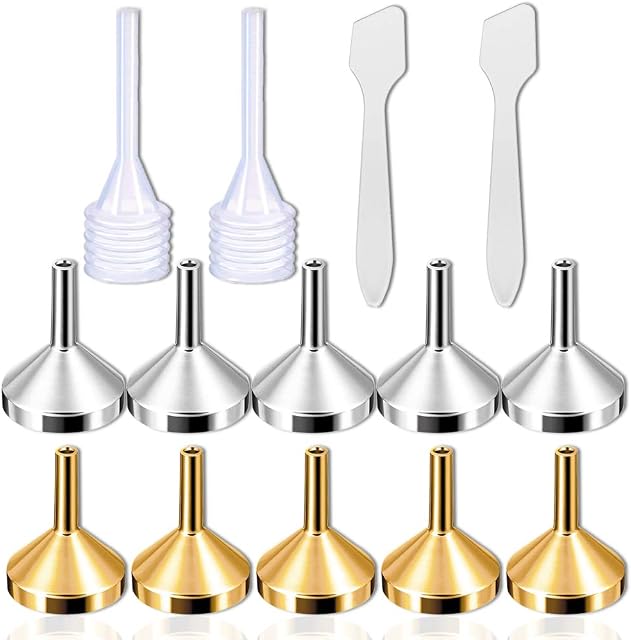 CKANDAY 10 Pack Small Metal Funnels with 2 Pcs Mini Pipette and Spoon for Filling Small Mini Bottles or Containers, Atomizers Liquid Essential Oils Spice Powder Lab Lotion- Gold/Silver
