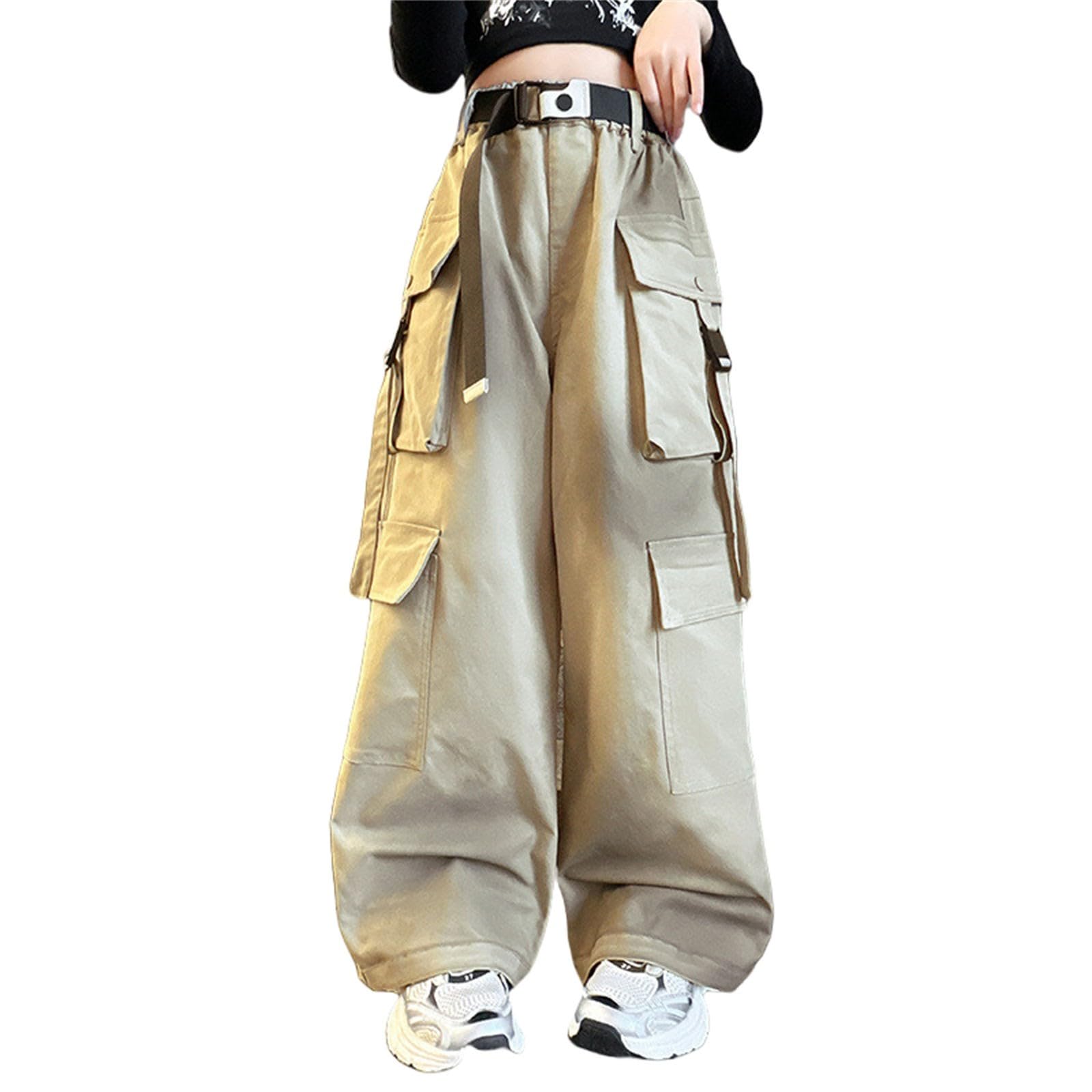 Pantalon cargo hip-hop pour filles - Taille haute - Plusieurs poches - Pantalon ample pour l'école - Taille élastique - Style décontracté - Esthétique et tendance, kaki, 11-12 ans