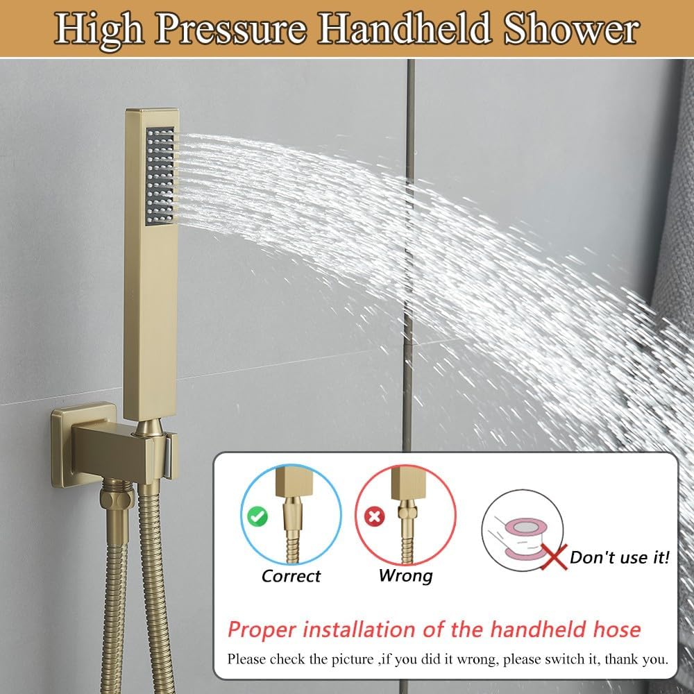 Brushed Gold High Pressure Shower Faucet Set with Extended Rectangular Body Spray Jet 10 Inch Wall Mounted Shower Head Handheld Shower Combo Set with Rough-in Valve