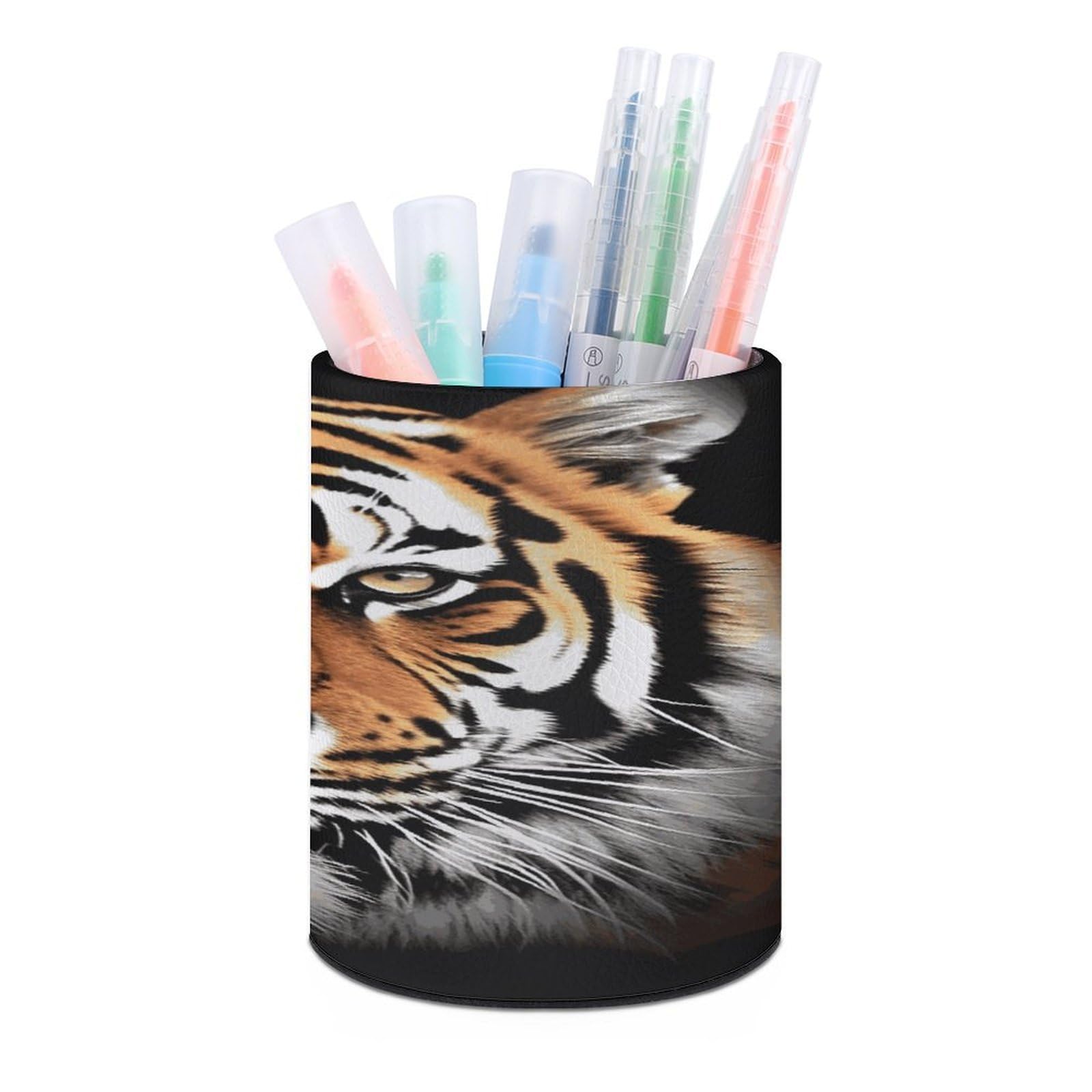 LDGSUPH Tiger Face Round Pen Holder Leather Pen Cup Pencil Cup Pen Organizer Pencil Holder for Desk Organizer Pencil Organizers Makeup Brush Holders for Home Office Gift
