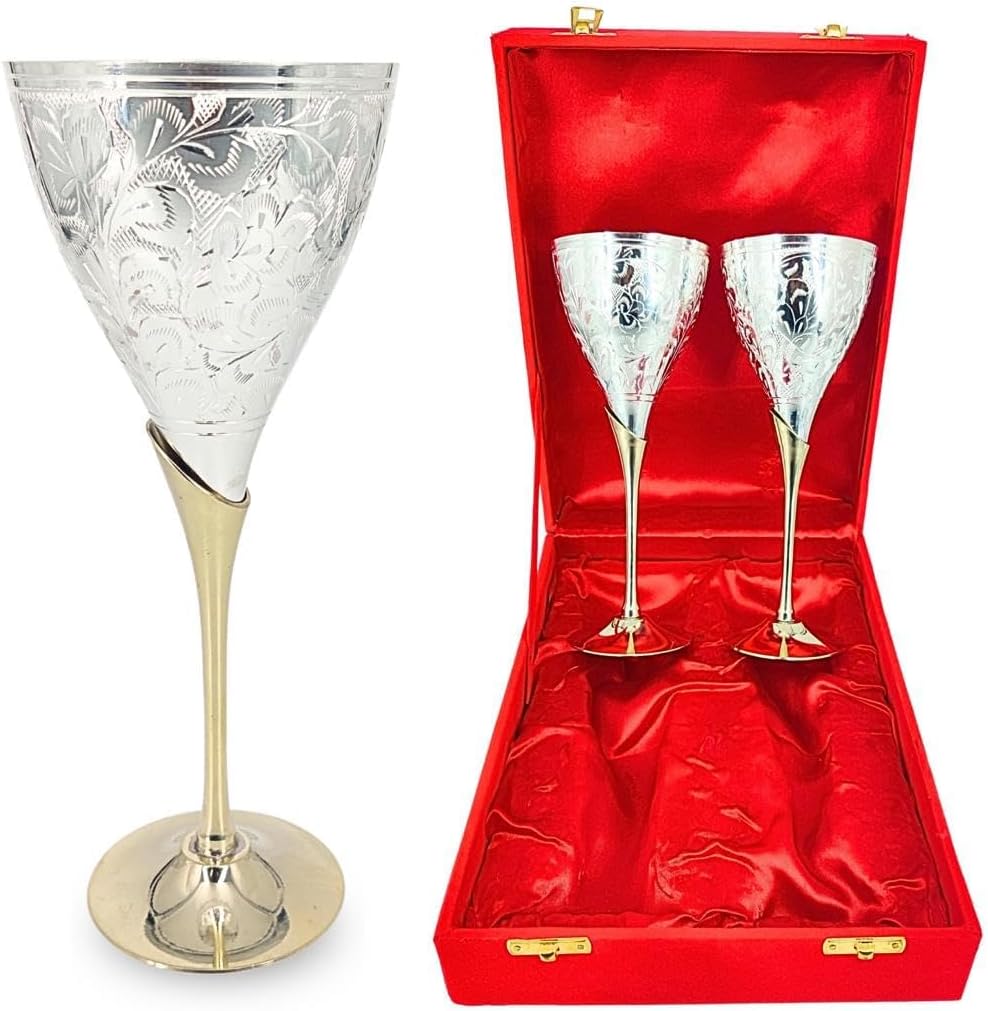 Brass Champagne Toasting Flutes Set of 2 with Velvet Gift Box - Silver Plated Gothic Wine Goblets - Vintage Engraved Chalice for Wedding Anniversary Housewarming - Elegant Couple Gift
