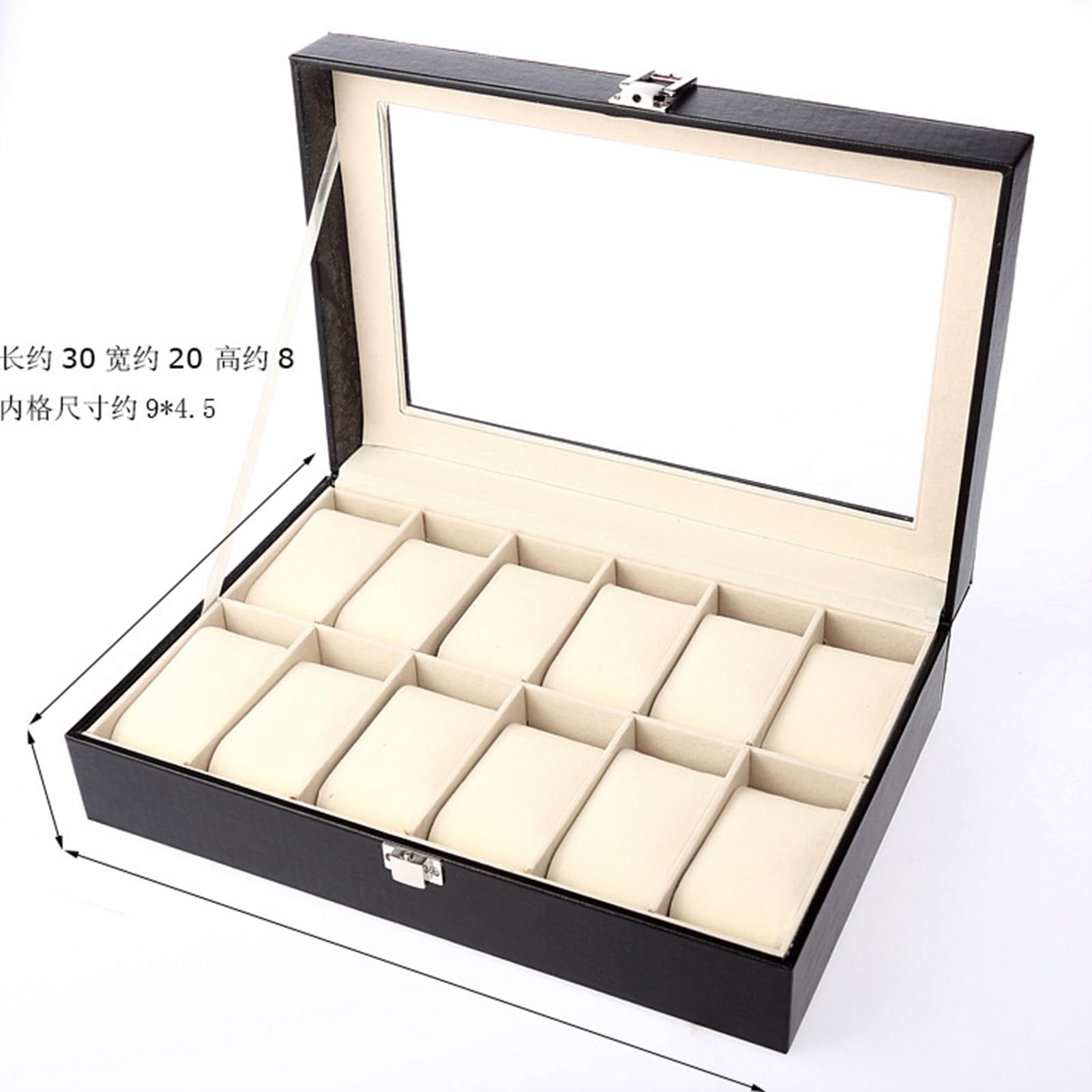WOHPNLE 12 Slot Watch Box Storage Case, Wooden Watch Display Box with Glass Lid PU Leather Finish Velvet Interior Watch Holder Organizer for Watch Collection Accessories