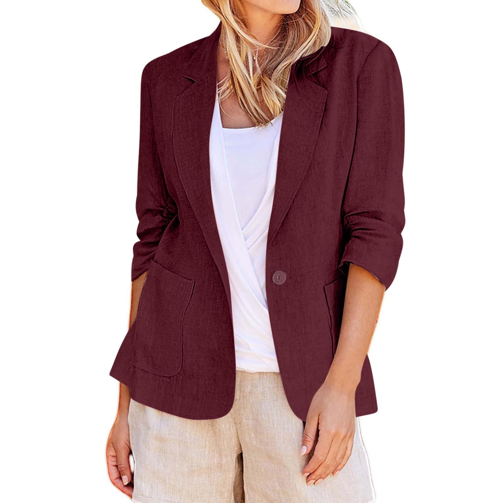 Blazers for Women 3 4 Sleeve Lightweight Button Open Front Cotton Linen Blazer Work Office Clothing with Pockets
