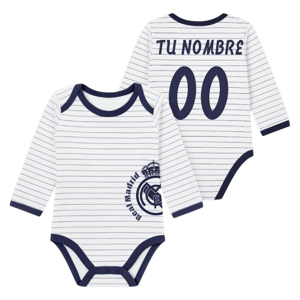 Genérico R.Madrid – Body Bebé Azul Personalizable | Nombre o Texto Bordado | Diseño Oficial | Algodón Suave | Regalo Único | Afición desde la cuna - 12 MESES