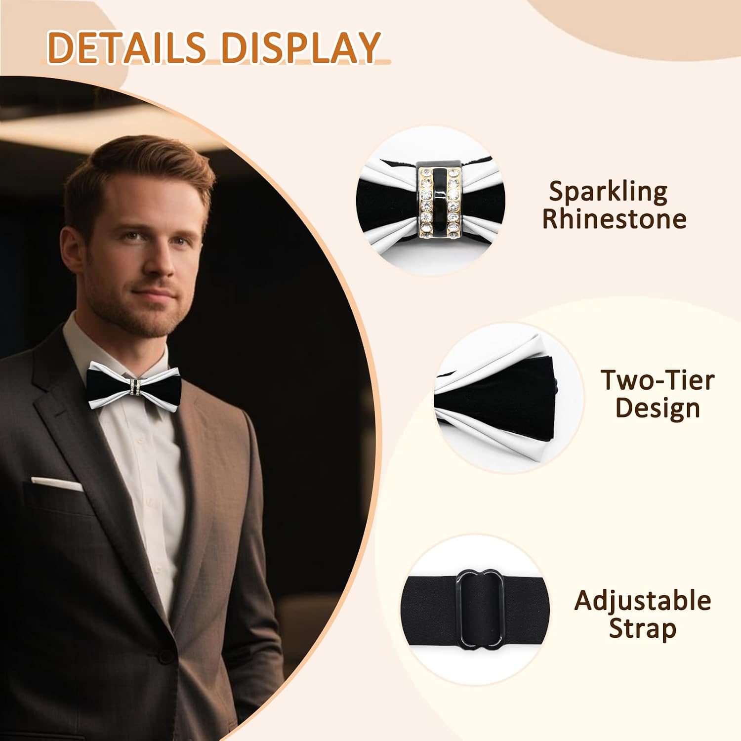 PU Leather Bowties Men, Pre-tied Bow Ties for Men with Rhinestone Velvet Mens Bow Tie for Wedding Party Tuxedo Daily
