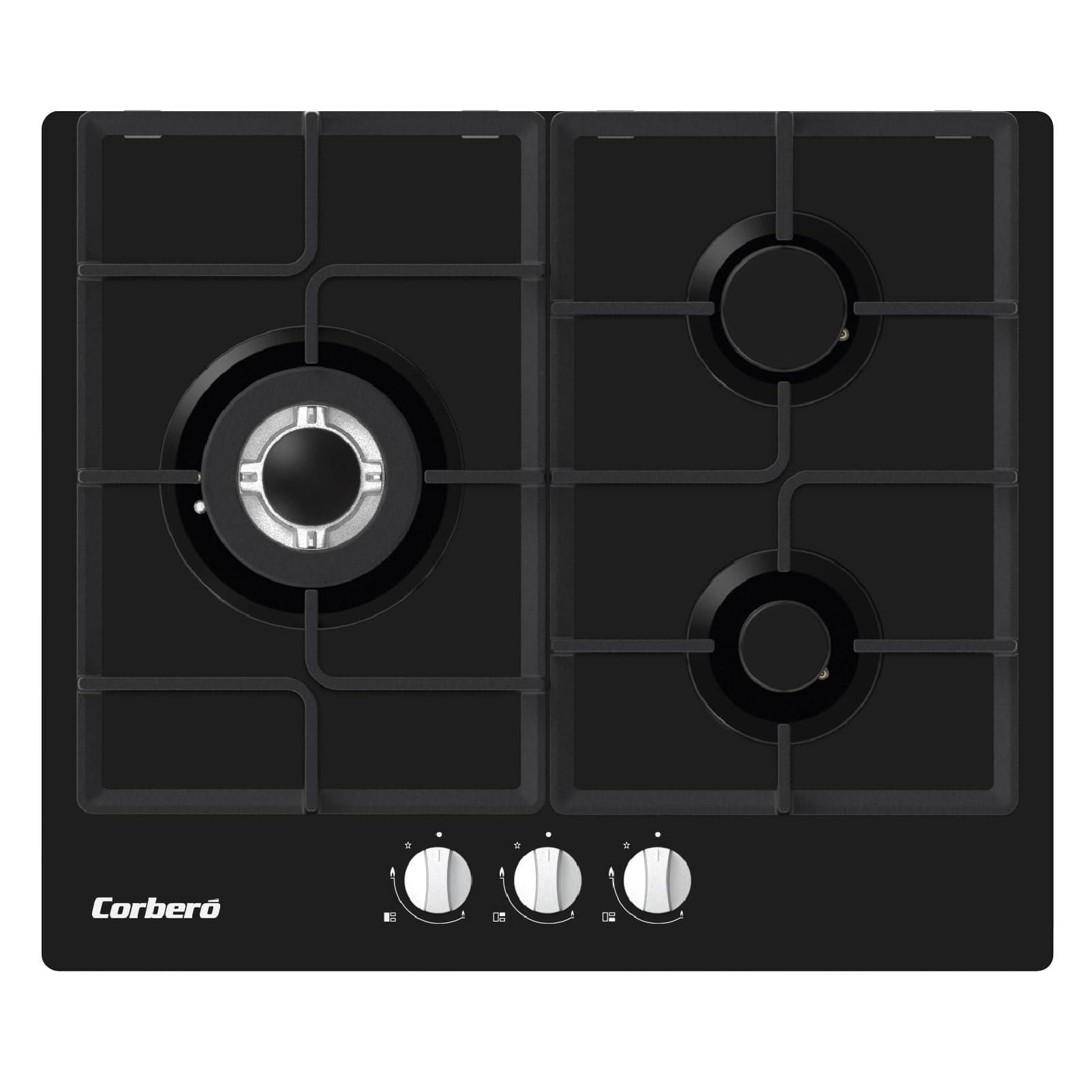 Corberó - Plaque gaz butane 60 cm| CPCGM3F3126N | Puissance 6,05 kW | 3 zones | Zone Wok | Auto-allumage | Couche de protection Clean+ | Arrêt automatique | Verre noir