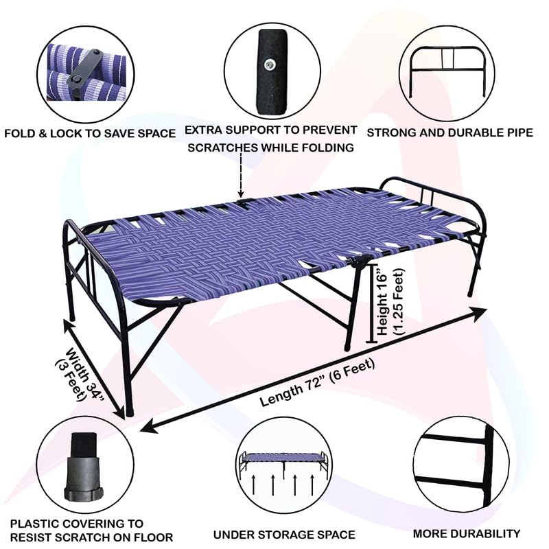 Image of ARTEMIST Portable Single Folding Bed Space Saving Heavy Duty Foldable khat Cot for Sleeping Sturdy Metal Frame Space Saving Design 3X6 feet (ModernBed, Painted, Virgin Stripe, Multi-color)