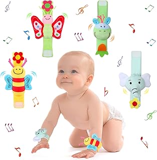 4 Pieces Baby Wrist Rattles Animal Pattern Newborn Rattle Foot Rattles Toy for Babies Boy Girl Infant Birthday Gifts Educational Toys, 4 Designs (Elephant, Donkey, Butterfly, Honeybee)