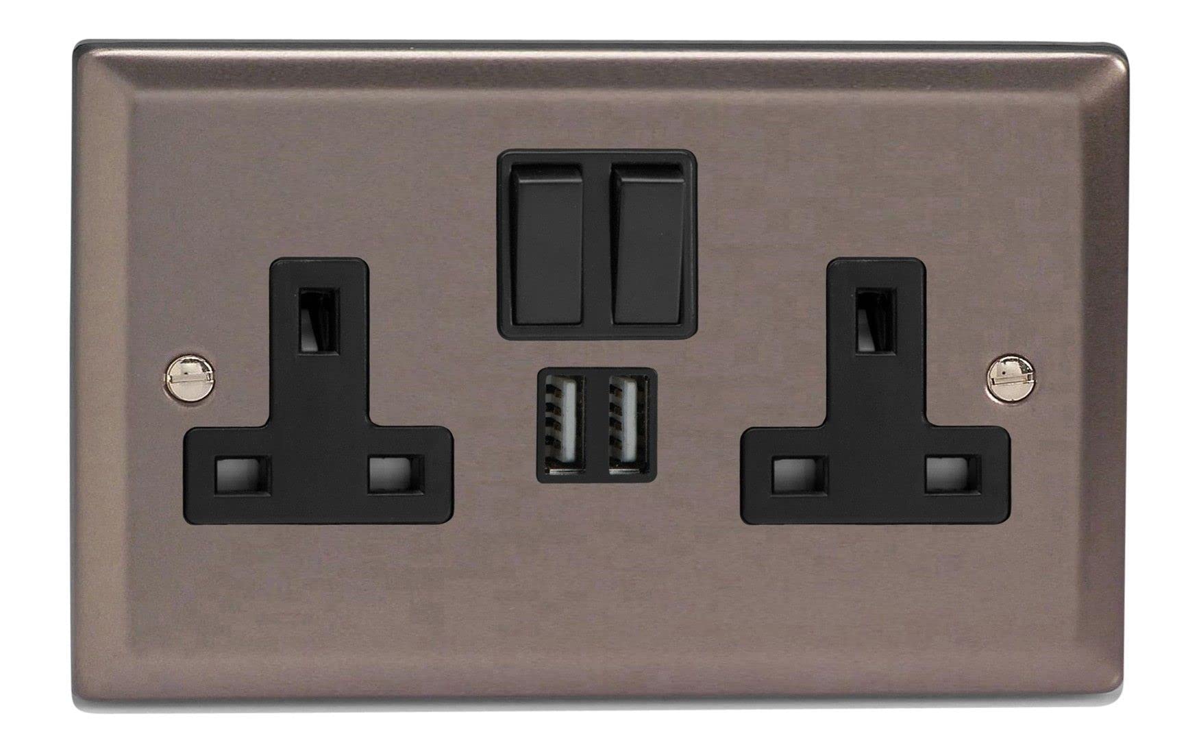 Varilight 2-Gang 13A Single Pole Switched Socket + 2x5V DC 2100mA USB Charging Ports Pewter