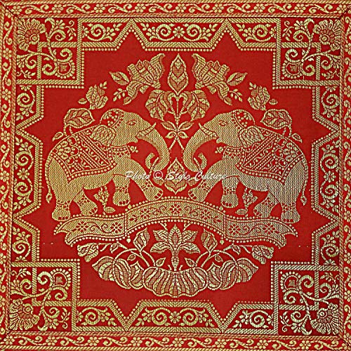 Image of Decorative Brocade Cushion Covers 16x16 Inch Banarasi Jacquard Weave Red & Gold Drawing Room Decor Elephant Traditional Square 40x40 cm Zippered Sofa Settee Pillowcases -Set of 2 Pcs