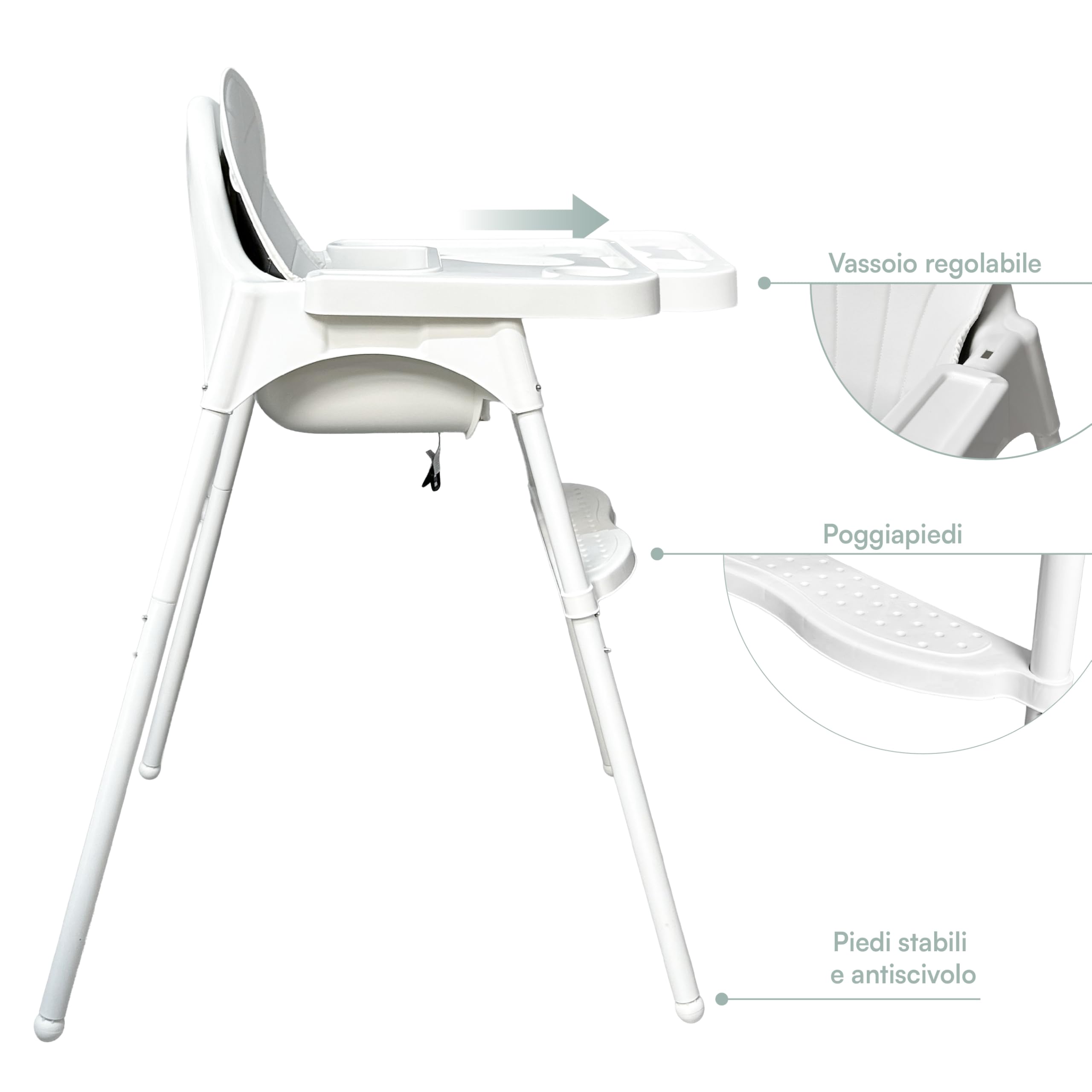 Seggiolone Pappa Bambini 2 Altezze 90/66 cm, Vassoio Removibile Regolabile, Cintura Sicurezza 3 Punti, Rivestimento Imbottito, Piedini Antiscivolo, Massimo 25 kg (Bianco)